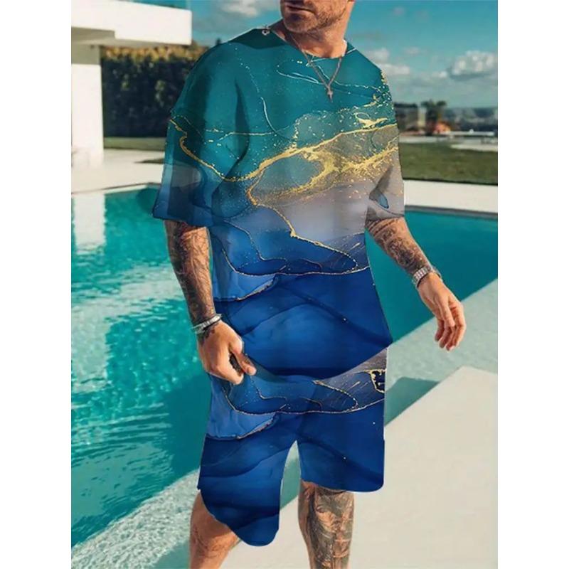Letni Nowy Męski Garnitur Codzienny Uliczny Casualowa Koszulka z Krótkim Rękawem Moda Sporty Outdoorowe Wygodne Spodenki Drukowanie Tekstury 3D