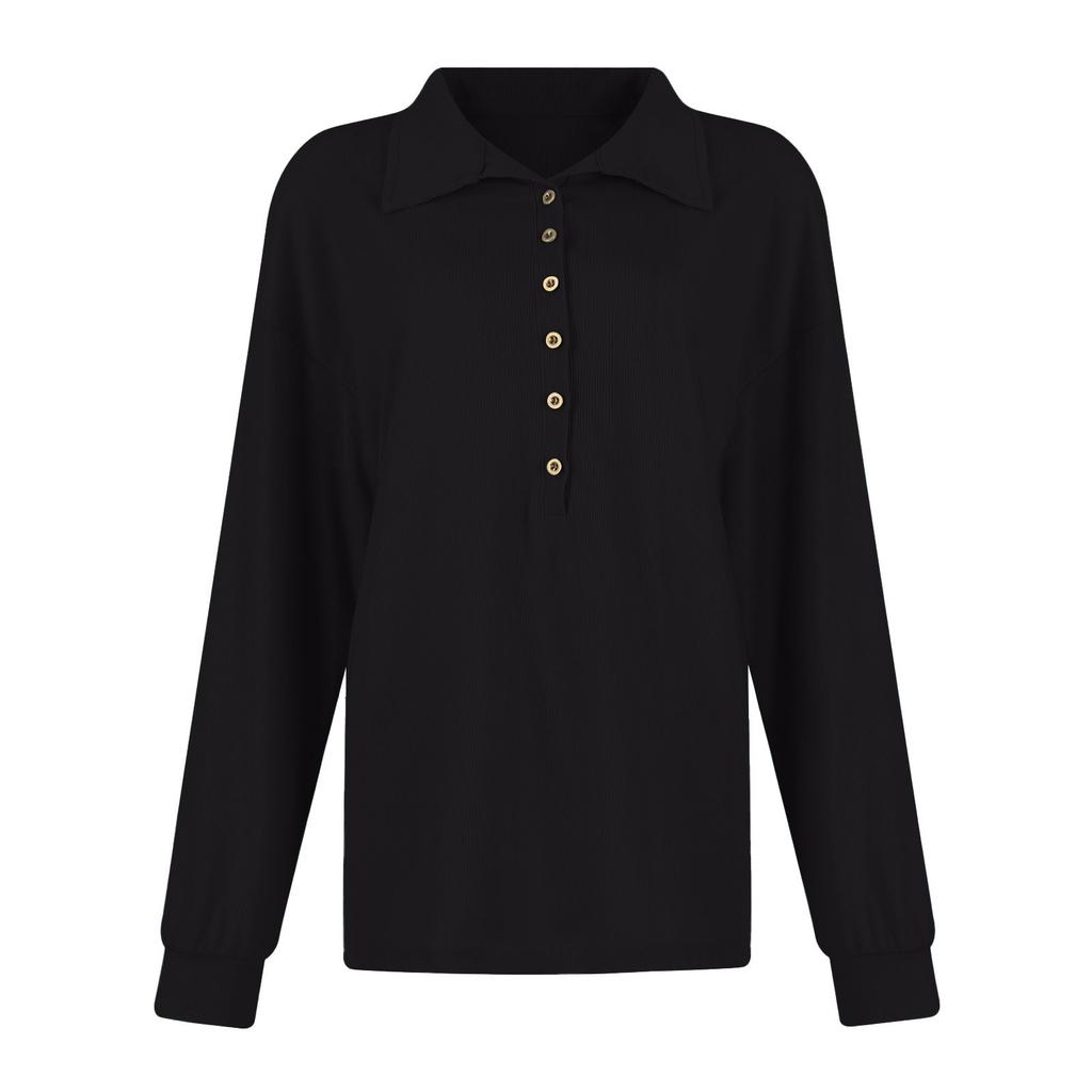 Women's Lapel Button Up Long Sleeved Top Pullover Color Knitted Sweater Loose Long Sleeved