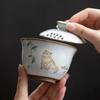 Retro Ru Kiln Ceramic Gaiwan Cute Cat Pattern Filter Teacup Travel Portable Tea Bowl Chinese Handmade Home Tea Set 100ml