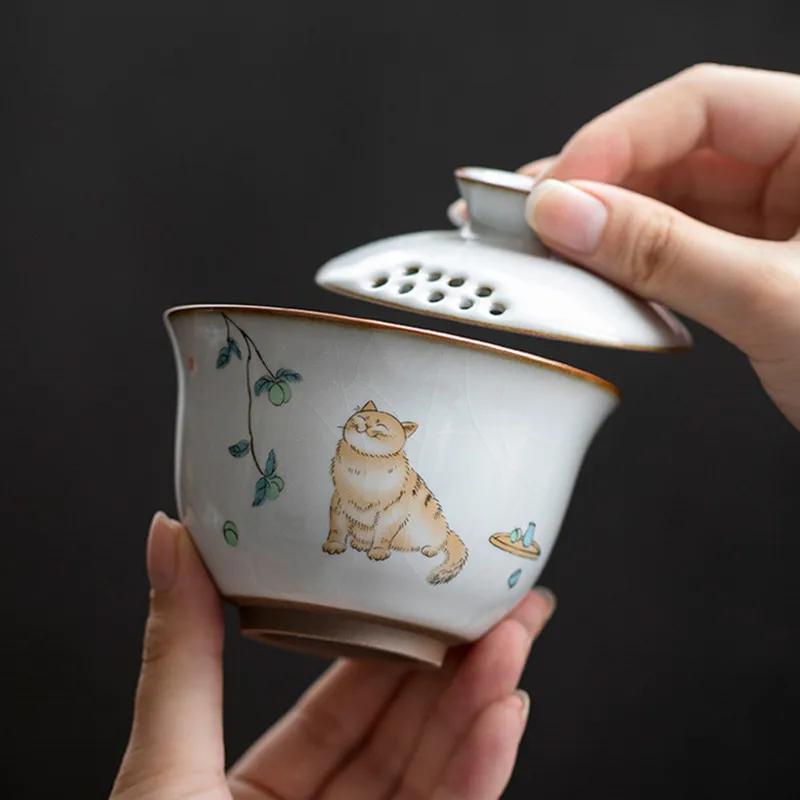 Retro Ru Kiln Ceramic Gaiwan Cute Cat Pattern Filter Teacup Travel Portable Tea Bowl Chinese Handmade Home Tea Set 100ml