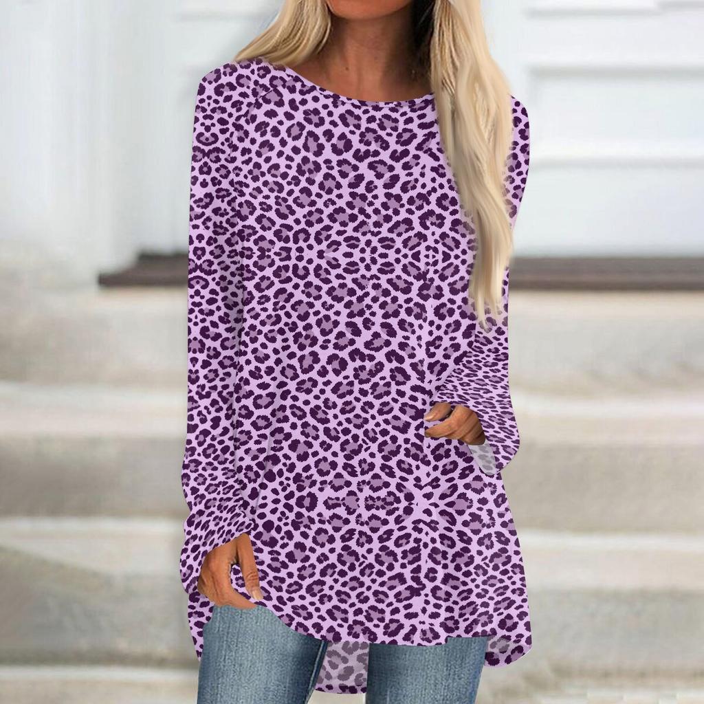 Women's Leopard Print Long Sleeve Casual Tunic Tee Shirt with Neck