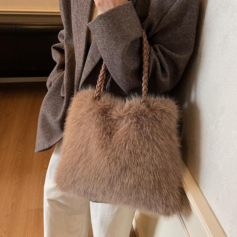 Women Fashion Plush Shoulder Bag Solid Color Woven Strap Large Capacity Soft Material Lightweight Daily Commute Handbag KTB