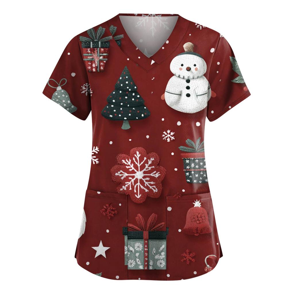 Dammode V-ringad Kortärmad Arbetskläder Med Fickor Jultryck Topp Vårdgivare Uniform