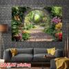 2D Secret Garden Backdrop, Stone Archway with Bright Flowers for Birthday Decor