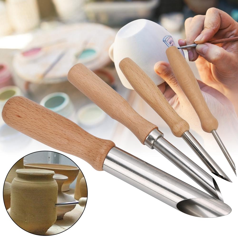 4 Piezas Herramienta de Cerámica Acero Inoxidable Perforador de Agujeros Mango Redondo de Madera Juego Hecho a Mano
