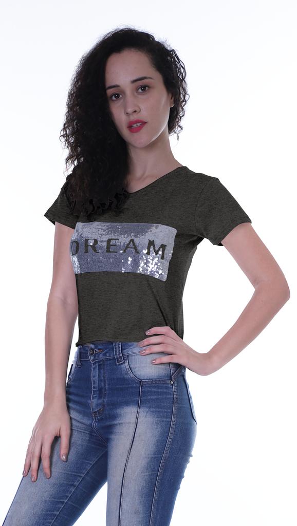 Moomaya Womens Short Sleeves V Neck Tshirt Top w  Sequin Patch ShortTee Summer