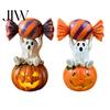 Halloween Ghost Figurine Figurine, Cute Sitting on Pumpkin Holding Candy Waterproof Sculpture Craft Statue, Spooky Resin Table Ornament for