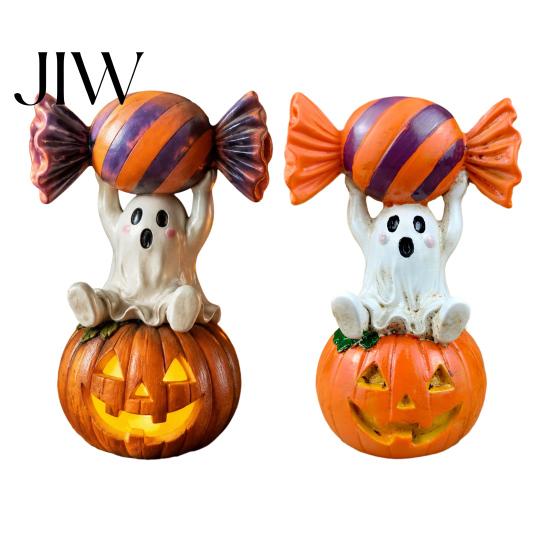 Halloween Ghost Figurine Figurine, Cute Sitting on Pumpkin Holding Candy Waterproof Sculpture Craft Statue, Spooky Resin Table Ornament for