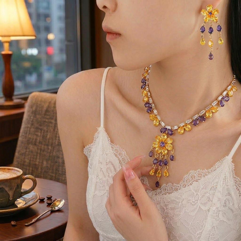 Sunflower Zircon Necklace & Earrings Set: European & American Style, Plum Blossom Design.
