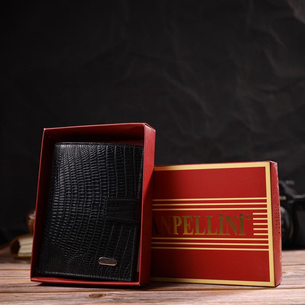 Фактурный вертикальный мужской бумажник среднего размера из натуральной кожи с тиснением CANPELLINI 21859 Черный