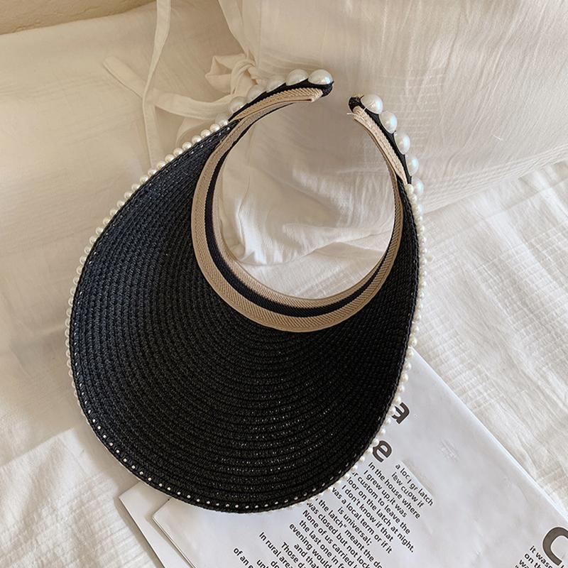 Women'S Summer New Fresh Beach Hat With Pearls Open Top Sun Hat Fashionable Raffia Straw Hat