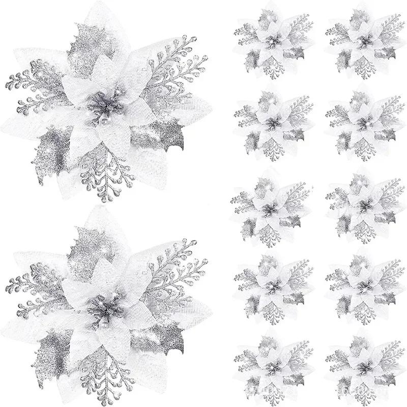 

14,5 см розовый серебристый рождественский имитационный цветок украшение на елку искусственный цветок своими руками Веселый рождественский домашний декор венок подарки на Рождество 5pcs серебряный