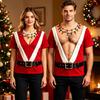 Lustiges 3D-Druck Weihnachts-T-Shirt für Herren Damen Weihnachtsmann-Anzug Fake Brusthaare Leuchtendes Halsketten-Grafik-Kurzarm-Oberteil Partykostüm