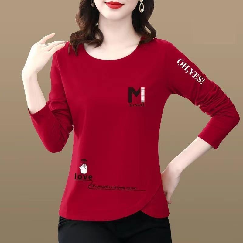 New Long Sleeve T-Shirt for Women, Spring and Autumn, Middle-Aged Mom Style, Tummy Covering, Slim Fit, Plus Size, Printed Top for Women, Outerwear