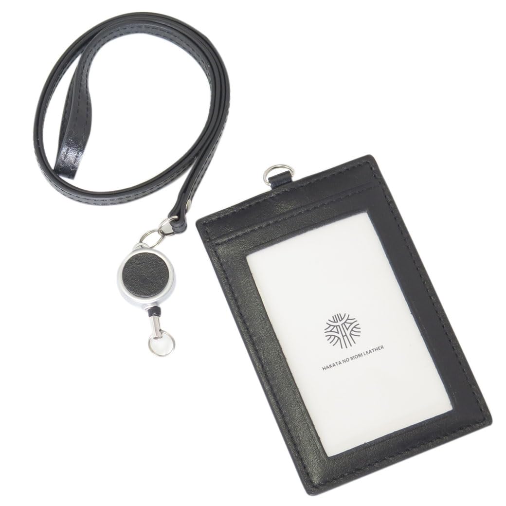 

[HAKATA NO MORI LEATHER] Двусторонний вертикальный чехол-держатель для ID-карты из натуральной кожи с вытяжным шнуром, Жесткая кожа, Вертикальный, Прозрачный, Вмещает 2 карты,