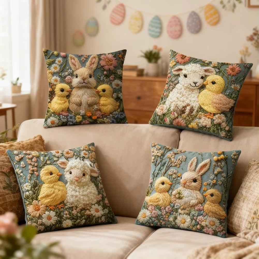 Easter Village Rabbit Pillow Case Double Sided Ultra Soft Fabric Skin Friendly Home Decor