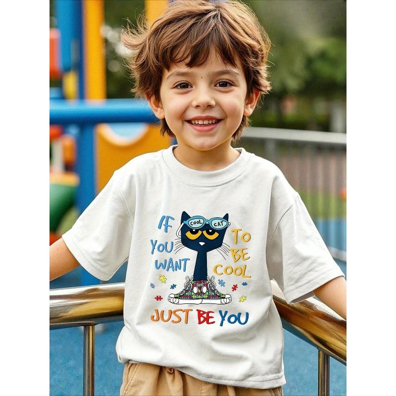 Boys Crew Neck Short Sleeve T-Shirt with Cartoon Black Cat Wearing Glasses & JUST BE YOU Letter Print 110 белый
