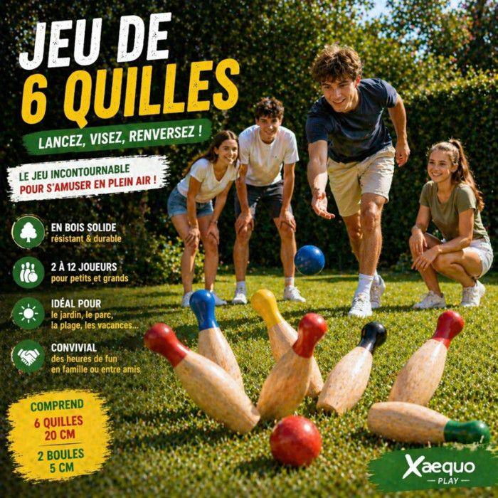 Wooden Skittles Game - FERRY JOUETS - Set 6 Skittles 20 Cm - 2 Balls Ø5 Cm - Colored Heads - Outdoor