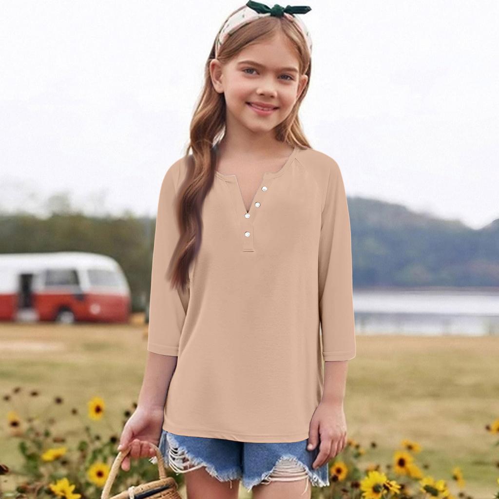 Print Tops For Youth Girls Round Neck 3/4 Sleeves T-Shirts Trendy Tops Outfit Tees