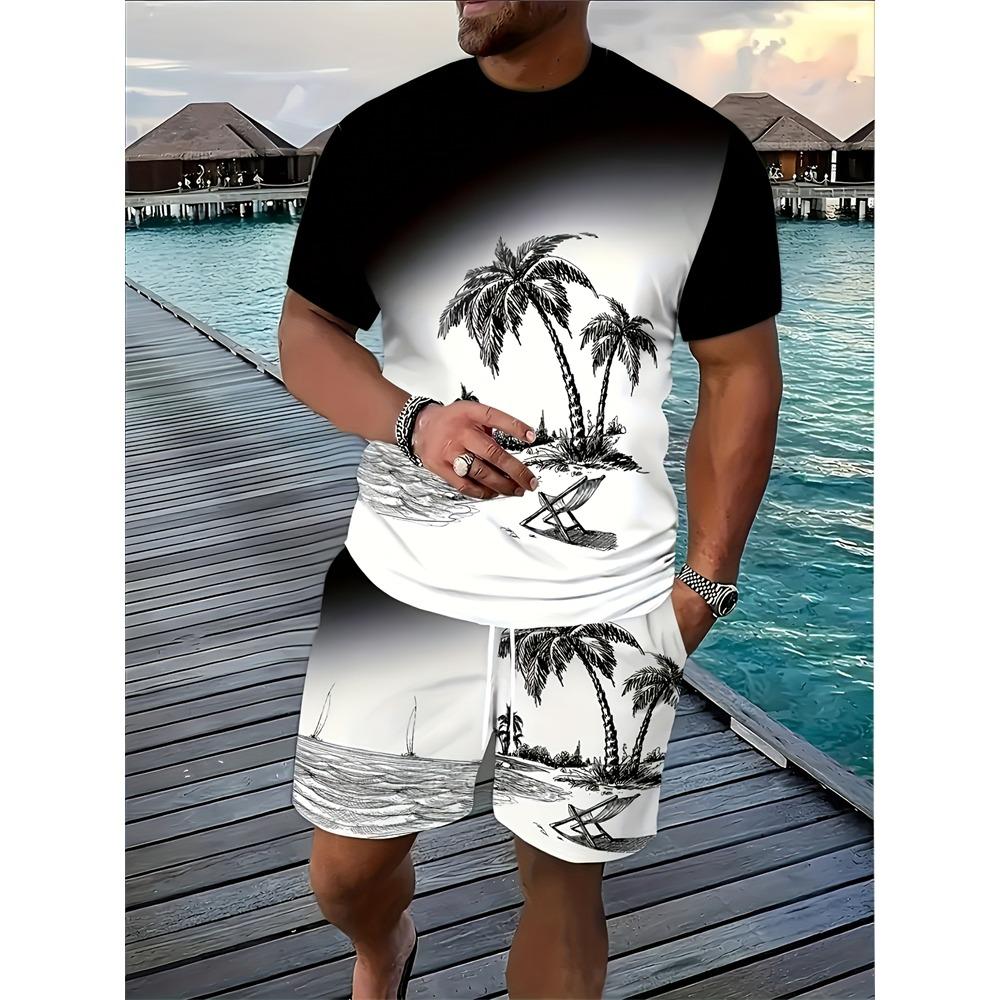 New Men's Hawaiian Two-Piece Set Beach Coconut Tree Print Crew Neck Short Sleeve Shirt Drawstring Shorts Casual Vacation Outfit