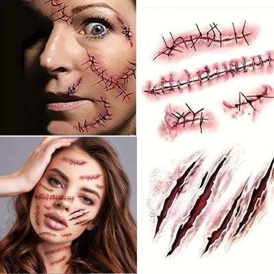 10/5pcs Bloody Wound Scar Stickers Halloween Makeup Temporary Tattoos Fake Zombie Body Art Stickers for Cosplay Parties Pranks