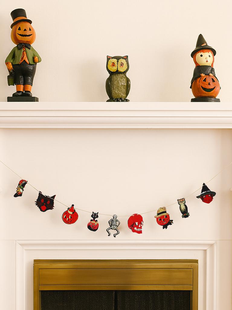 1 Stück Halloween-Girlande Banner, Vintage Kürbis, Schwarze Katze, Skelett & Totenkopf Formen, Wandbehang Dekoration für Hausparty & Kamin