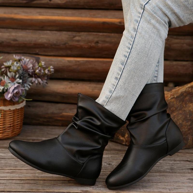 Women's Round-Toe Low-Heel Low-Top Pull-On PU Leather Boots, Simple Versatile Slip-On Casual Footwear.