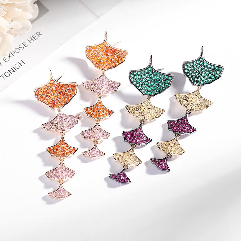 Micro Pave Colorful Zirconia Leaf Dangle Earrings for Women Brand Designer Luxury Wedding Temperament Ginkgo Biloba Earrings