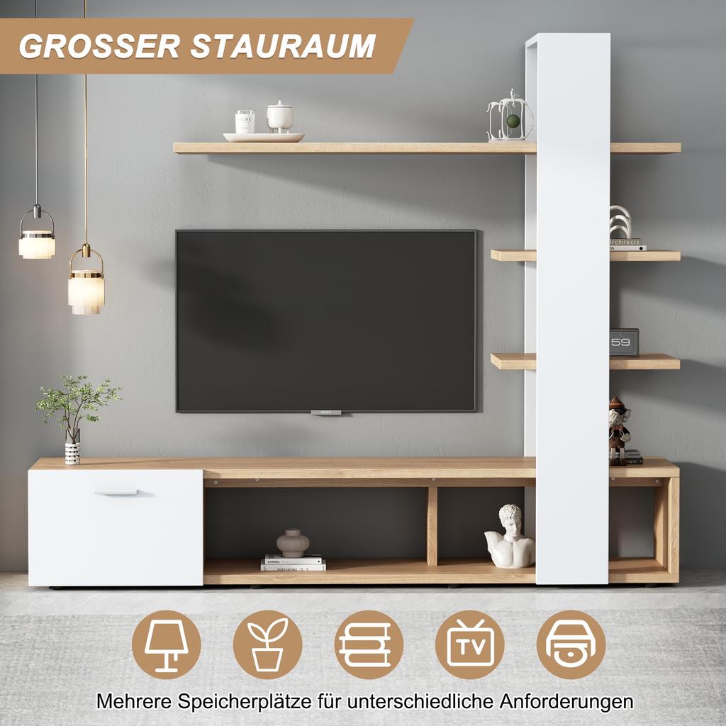 Wohnwand Wohnzimmer, Wohnzimmer Möbel Set, 1x TV Lowboard, Wandregal, Komplett, Elegante Mediawand, Viel Stauraum, 60 Zoll TVs, Weiß & Holzfarbe