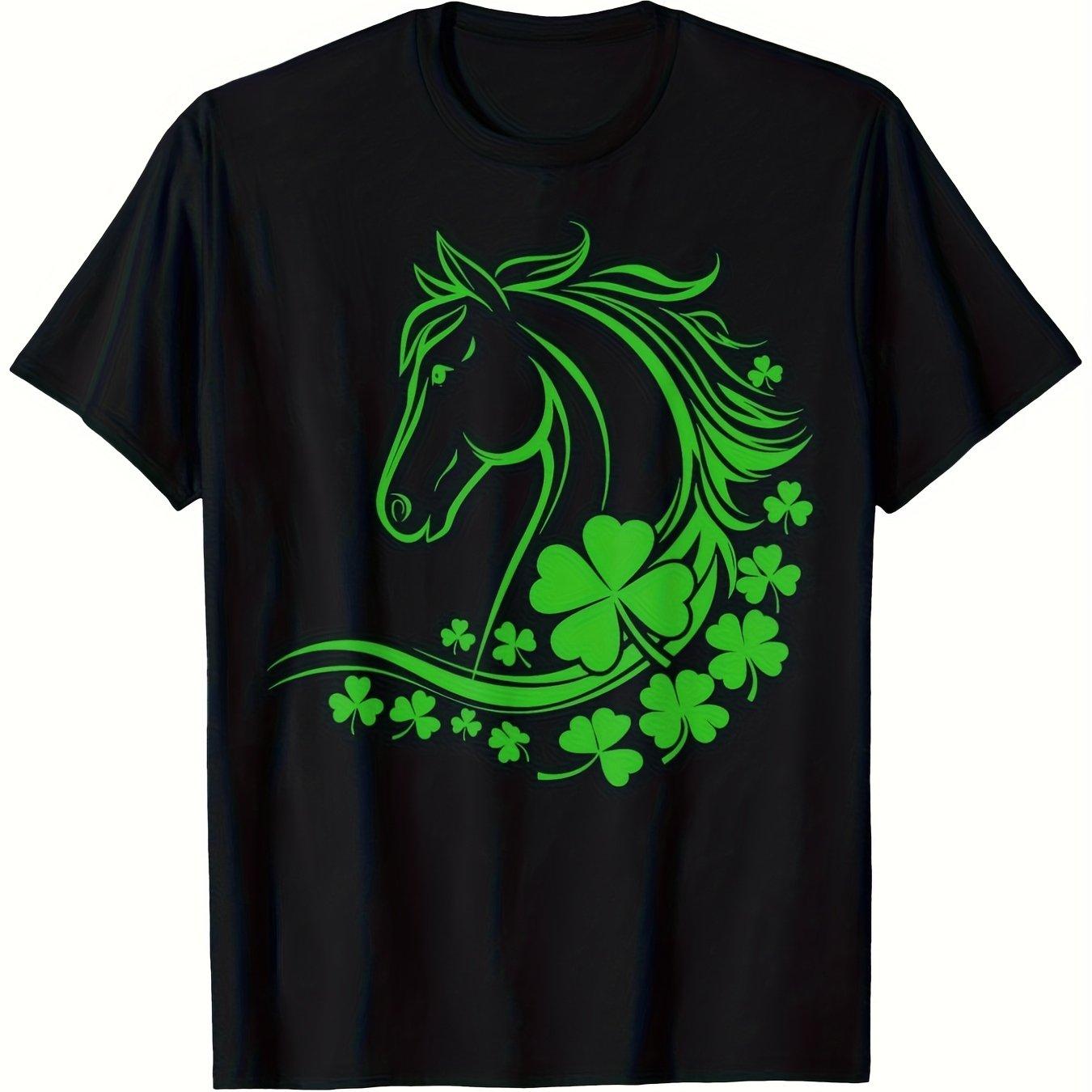 

St Patrick Horse Shamrock Graphic Tee Casual Cotton Short Sleeve T-Shirt Unisex Festive Tee 4XL