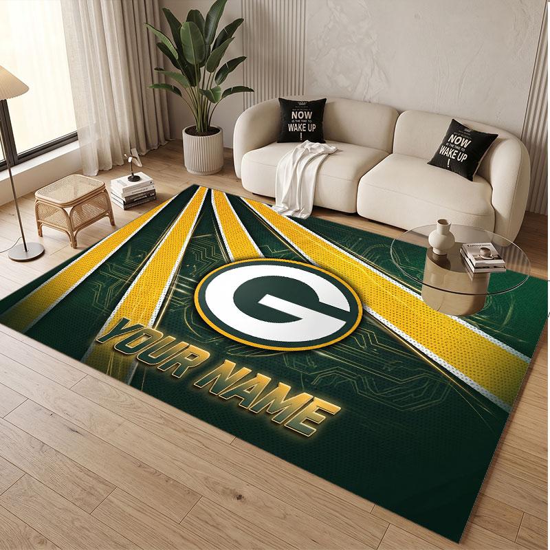 Custom Rug Green Bay Packers Pattern Print Name Text Soft Non‑Slip Floor Carpet for Home Indoor Decoration