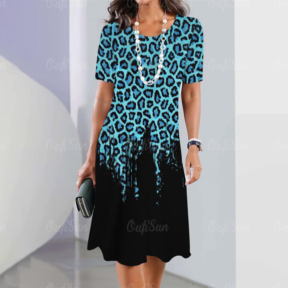 Leopard Print Damen Minirock Mode Sommer Knielange Kleider Straße Elegante verspielte Kleider 2023 O Hals weibliche Top Pullover