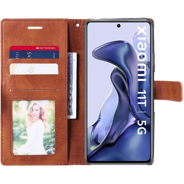 Coque + 2 Verres Trempés pour Xiaomi 11T - 11T Pro, Coque Effet Cuir Motif Rayure - Marron