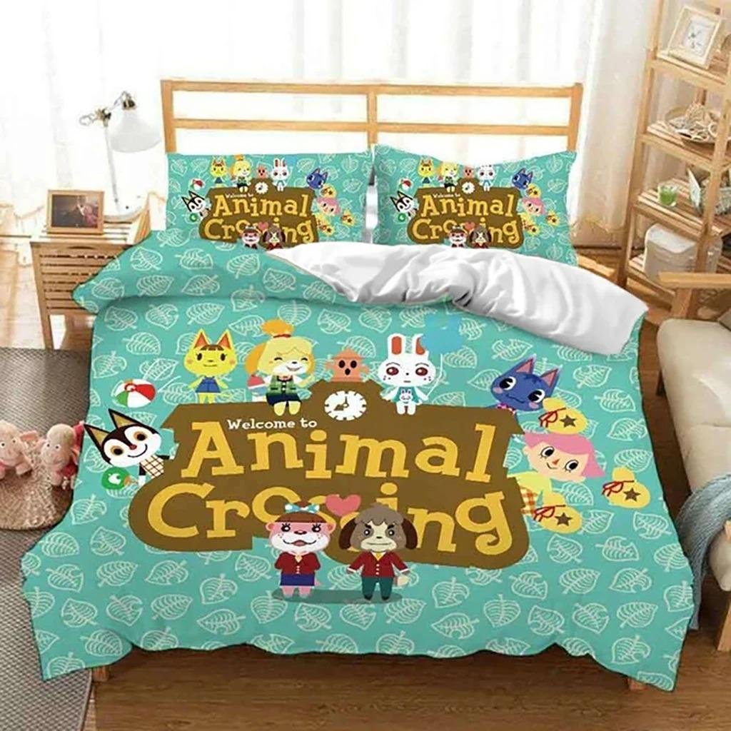 Kreskówkowy Zestaw Pościeli Animal Crossing Chłopcy Dziewczynki Rozmiar Twin Queen Poszwa na Kołdrę Poszewka na Poduszkę Łóżko Dzieci Dorośli Moda Tekstylia Domowe