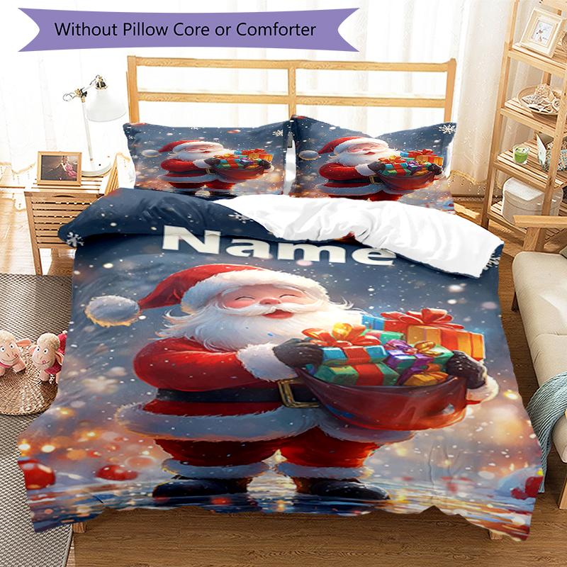 3pcs Custom Name Christmas Santa Claus Bedding Set Duvet Cover Closure Includes 1 Duvet Cover & 2 Pillowcases, Soft and Comfortable for All Seasons.