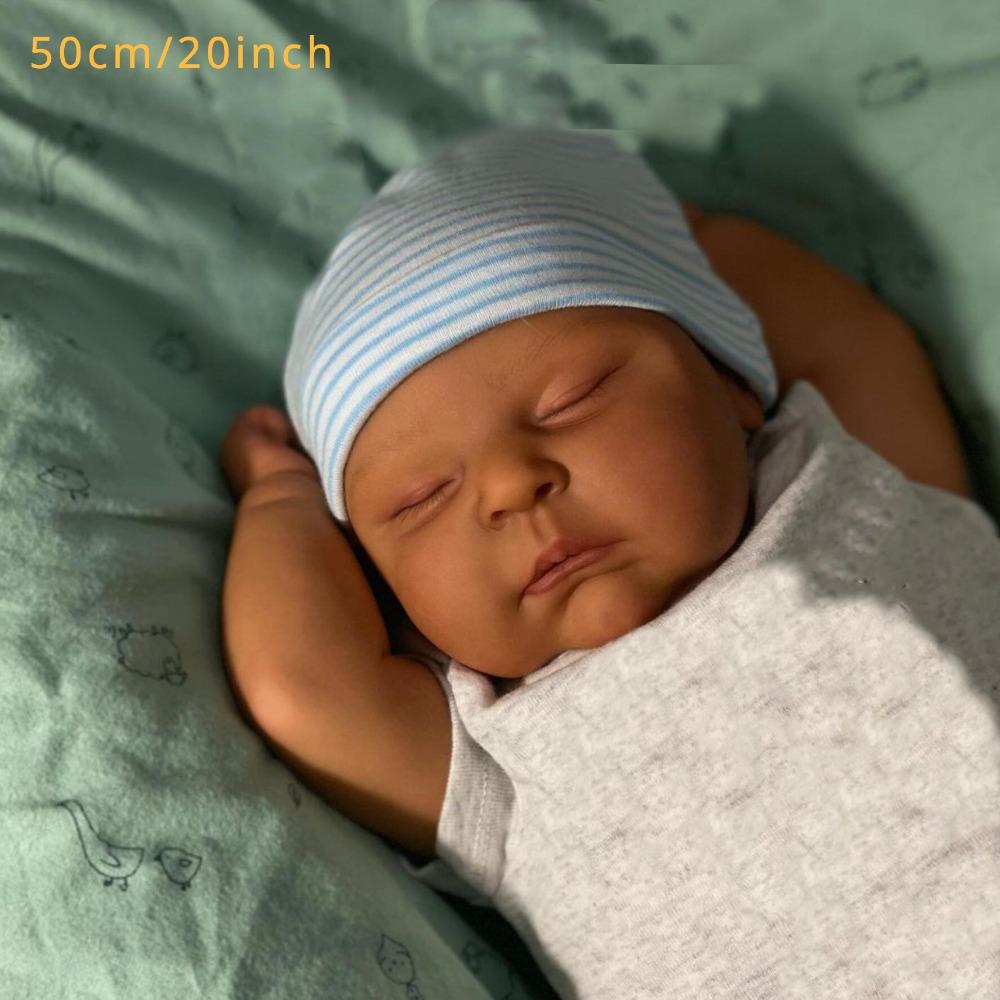 BZDOLL 50cm 20inch Like Real Newborn Bebe Asleep Fat Black 3D Skin Reborn Baby Doll Soft Vinyl Limbs Cloth Body Toy Gift for Girl Birthday