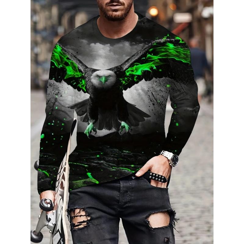 Fashion Eagle 3D Digital Printed Men's Casual and Comfortable Long Sleeved T-shirt Autumn Men's Breathable Clothing Top