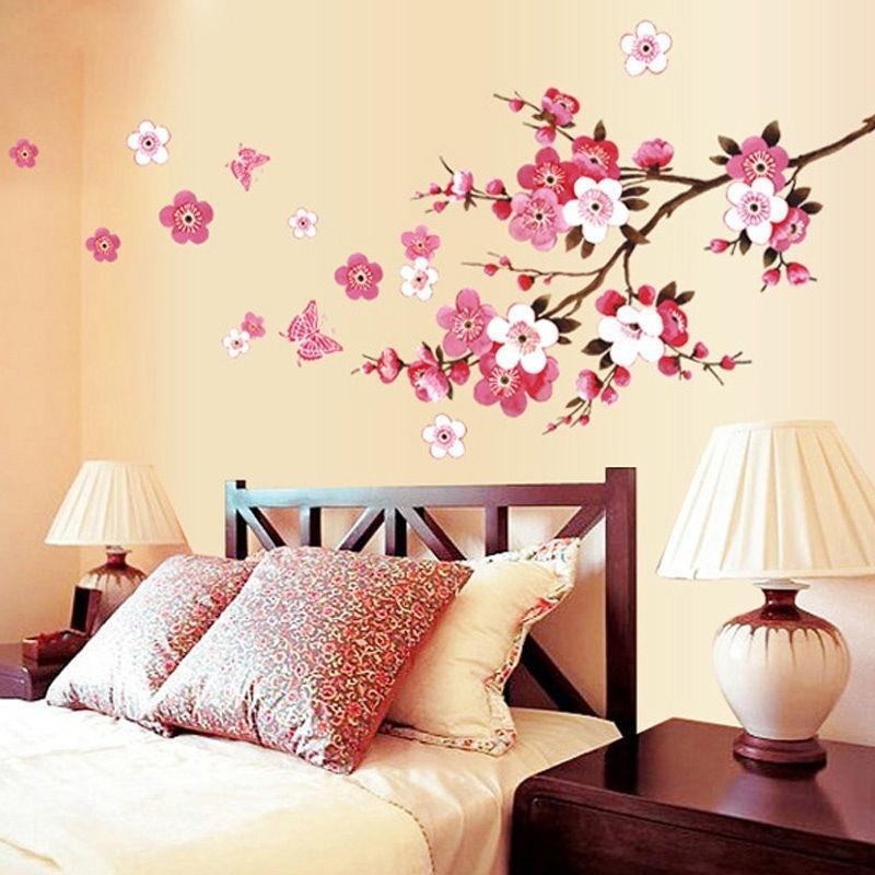 Wall Paper 3D Pink Cherry Blossom Wall Sticker Art Home Decor Graphic Flowers Petals Tree Stickers