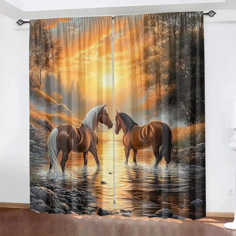2 Pieces of Sunset Stream Horse Printed Curtains,30*65 Inches, Home Decoration, Room Decoration