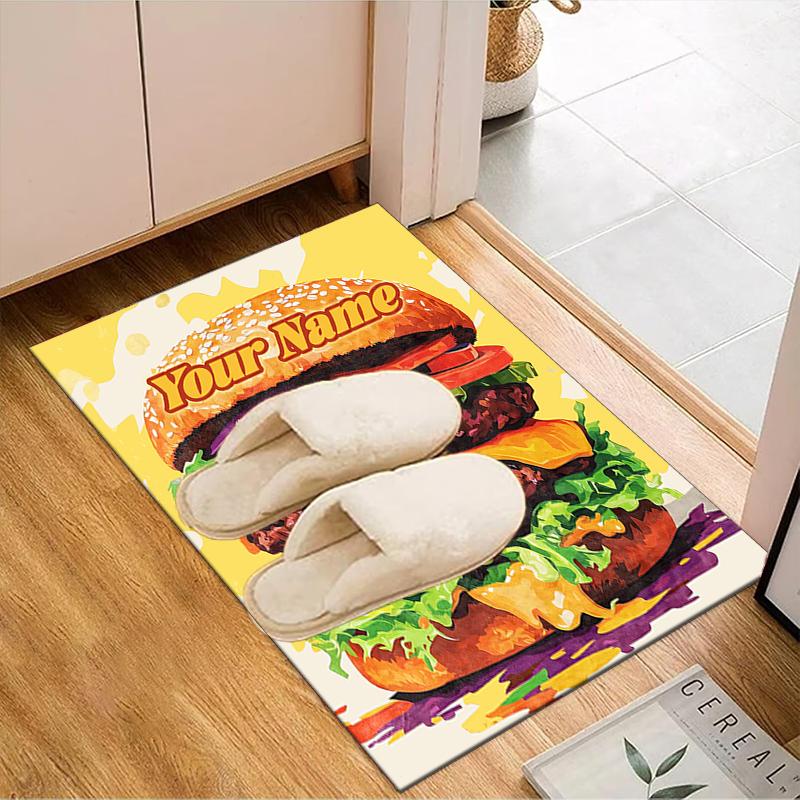 1PC Custom Name "Your Name Burger Artwork" Theme Floor Mat Ideal for Living Room, Game Rooms, Office, Bedroom, Floor Mat Playful Design