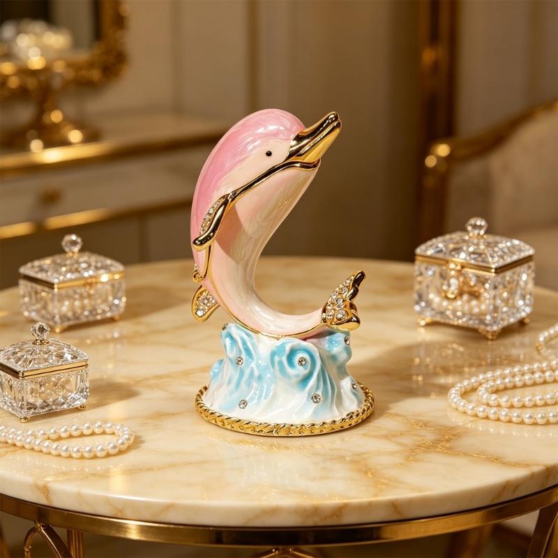 Elegante Delfinform Schmuckschatulle Handgefertigtes Heimdekorations-Ornament Legierungstextur Geeignet für Ringe Halsketten Aufbewahrung