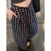 Blue Retro Gingham Early Autumn High Waist Loose Casual Pants