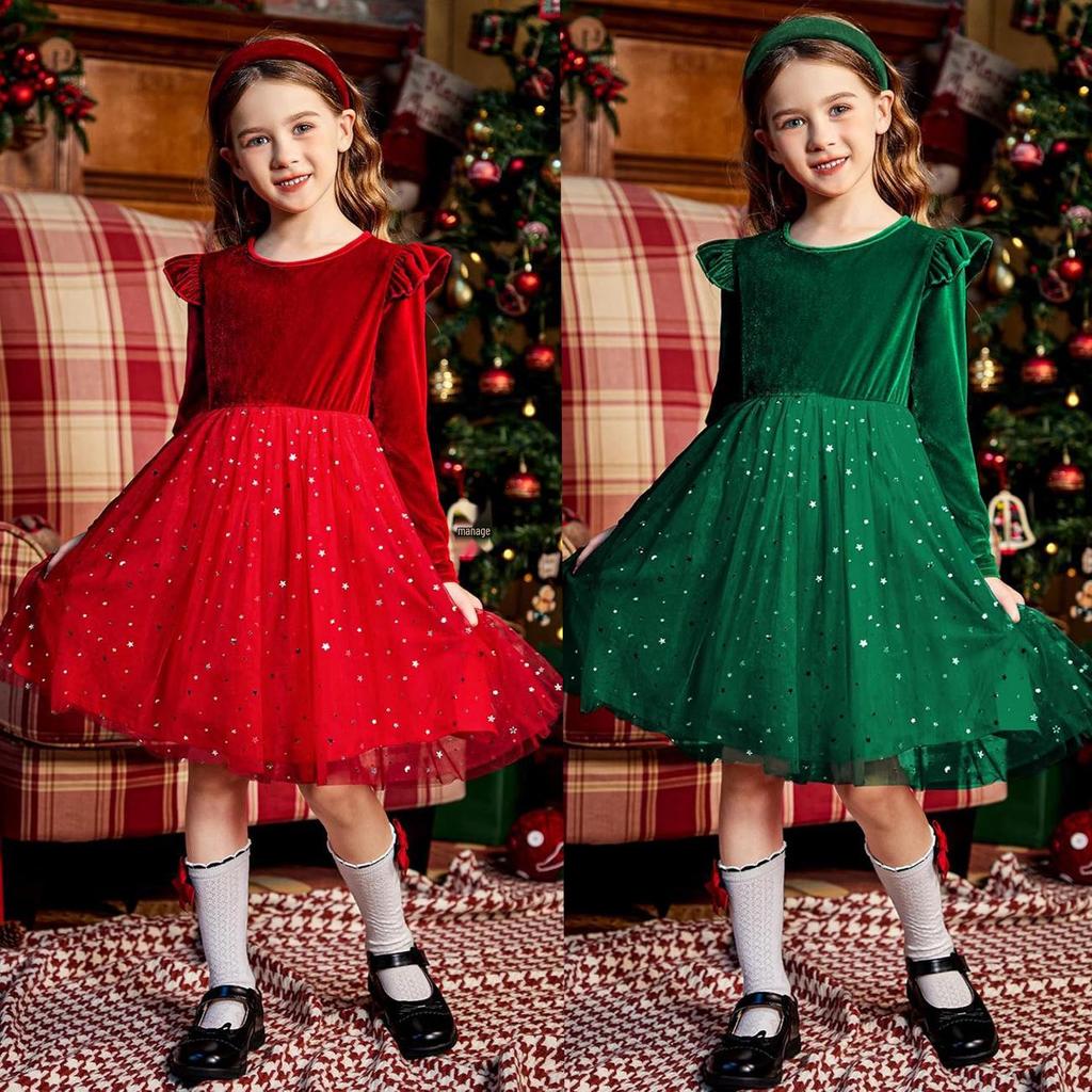 European & American Style Girls' Christmas Gold Velvet Star Mesh Dress