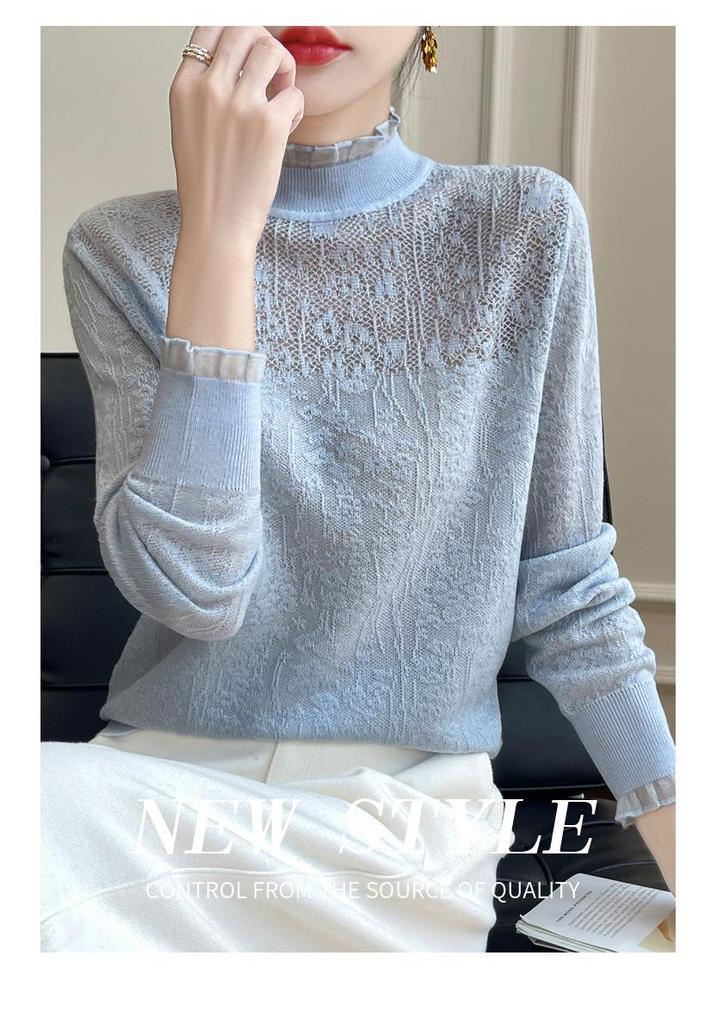 2025 Women's Lace Patchwork High Collar Imitation Wool Sweater with Ruffle Trim