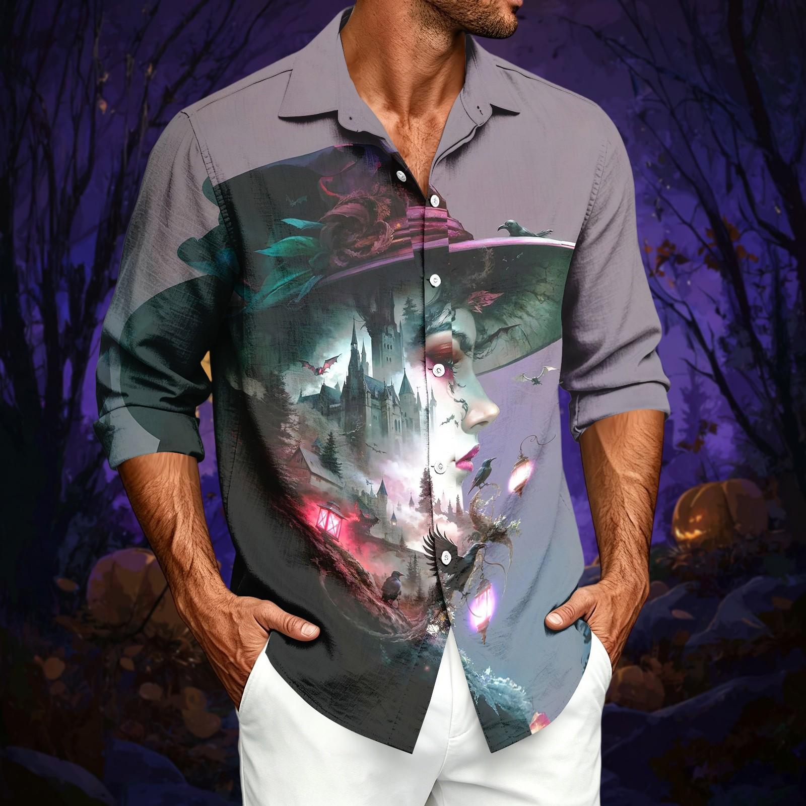Men s Long Sleeve Button-Down Shirt with Relaxed Fit and All-Over Print for Casual Wear XL