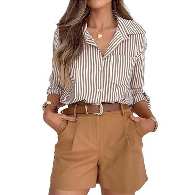 2025 New Autumn Women's Long-sleeved Casual Button Pocket Commuting Striped Shirt