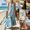 Women Dress Women's Sleeveless Summer Long Tank Dress, V Neck Tiered Layered Lotus Leaf Skirt Ruffle Maxi Casual Loose Flowy Beach Sundress