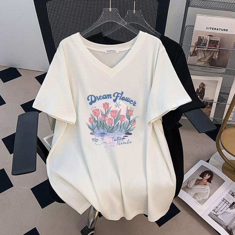 

Plus Size V-Neck Short-Sleeve Mid-Length Slimming T-Shirt for Women (200/300/350 Jin) 4XL