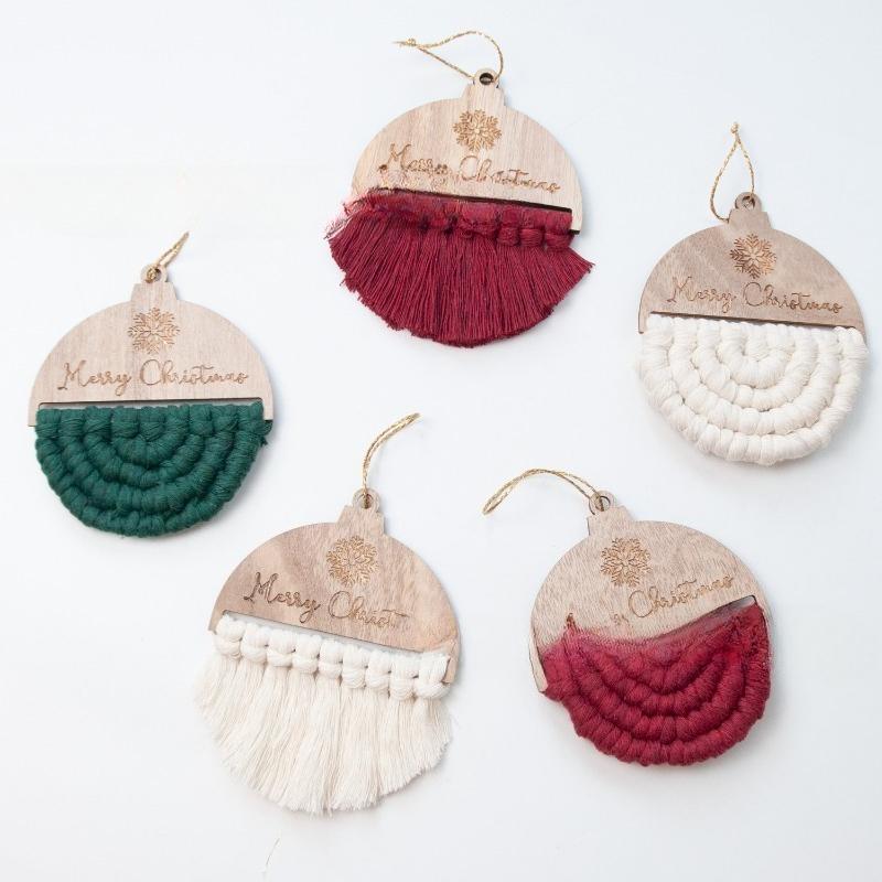 Drewniana ozdoba makrama pleciony sznurek wiórki drzewne płatek śniegu DIY choinka okrągła dekoracja