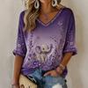 Women's 3D Printed Loose Fit V-Neck Three-Quarter Sleeve T-Shirt Top